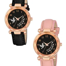 Gopal Shopcart Unisex Pack Of 2 Printed Dial Analogue Watch GR379RG BIRD BLK Vel PINK G L-36