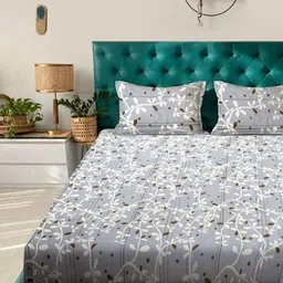 Myntra Elegant Homes Grey Floral Printed 300 TC Fitted King Bedsheet Set 2.5m X 2.2m-image-48