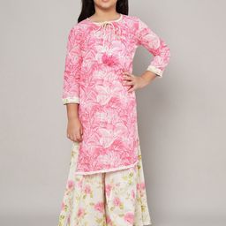 FABRIC FITOOR Girls Floral Printed Regular Gotta Patti Pure Cotton Kurta with Sharara-picture-38