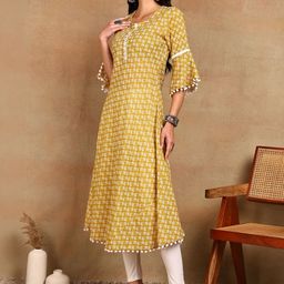 YASH GALLERY Women Yellow Cambric Cotton Printed Mirror Work A-Line Kurta-picture-45
