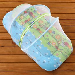 Babyhug Cotton Bedding Set with Center Zip Mosquito Net Animals With House Print- Blue-19