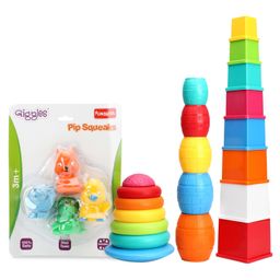 Giggles Combos of Stack N Nest Toy Set 3 in 1 - Multi Color  &  Pip Squeaks bath toys- Multicolor-2
