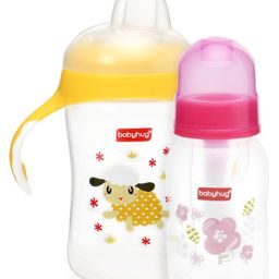 Babyhug Cereal Feeder With Spoon Pink - 150 ml & Hushie Soft Spout Sipper With Handle Yellow - 300 ml Combo Pack-22