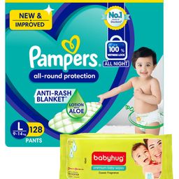 Pampers Pant Style Large Size Diapers Monthly Box Pack - 128 Pieces & Babyhug Premium Baby Wipes - 80 Pieces-image-91