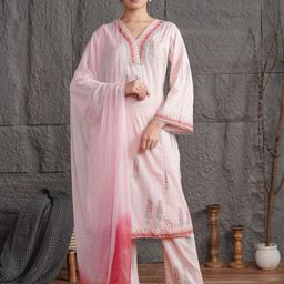 Anouk Women Floral Printed V-Neck & Lace Work Cotton Kurta Palazzo with Dupatta-picture-16