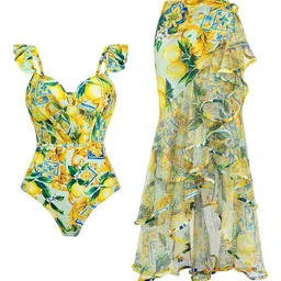 Alamode By Akanksha Yellow Lemon Spritzer Swimsuit with Ruffled Skirt-image-19