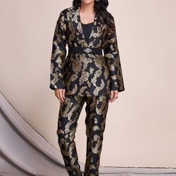 Krimmple Woven Design Shawl Neck Top & Trousers With Jacket Co-Ords-image-87
