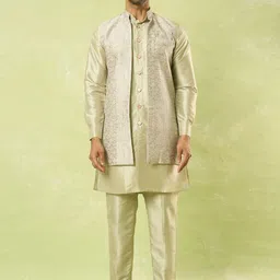 Arihant Rai Sinha Mandarin Collar Satin Straight Kurta With Trousers & Nehru jacket-image-14