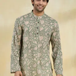 Fabindia Men Floral Printed Band Collar Hand Block Straight Kurta-picture-18