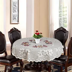 Kuber Industries White Ethnic Motifs Cotton Round 4-Seater Table Cover with Textured details-43