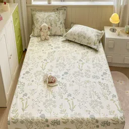 JC HOME Cream-Coloured & Grey Floral Pure Cotton 220 TC King Bedsheet Set1.80 m x 2 m-image-89
