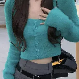 Outzidr Square Neck Fuzzy Shirt Style Cotton Crop Top-image-67