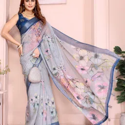 DIVASTRI Women Grey Floral Zari Linen Blend Bhagalpuri Saree-picture-12