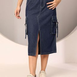 DOLCE CRUDO Glider Trace argo Straight High Rise Midi Denim Skirt-picture-27