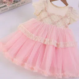 YK Self Design Lace-Up Round Neck Puff Sleeves Knee Length Fit & Flare Dress-image-31