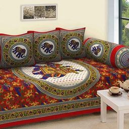 BAJO'S 6-Pcs Green & Red Printed Cotton Single Diwan Set-13