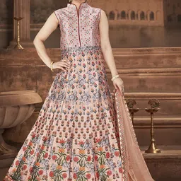 EthnicTree Digital Printed & Embroidered Fit & Flared Maxi Dress With Dupatta-56