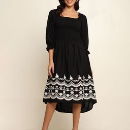 CRAFTBAZAR Ethnic Motifs Embroidered Puff Sleeve Fit & Flare Midi Dress-image-95