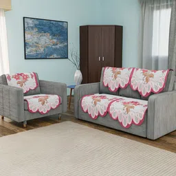 Myntra Elegant Homes White & Pink 6 Pieces Self Design Cotton 3 Seater Sofa Covers-0