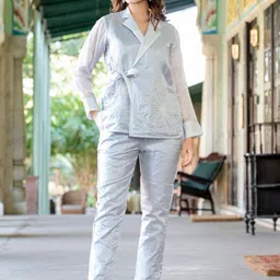 SAADGEE Floral Embroidered Pure Silk Shirt With Trousers Co-Ords-image-11