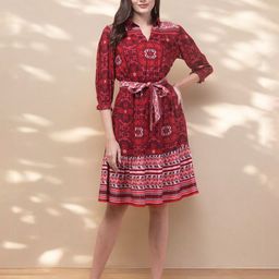 INUKA Ethnic Motifs Print Puff Sleeves Tie-Up Belted Fit & Flare Dress-picture-13