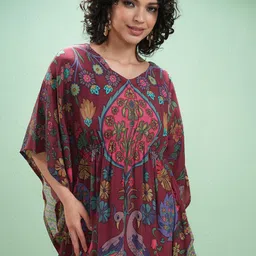 Vishudh Women Floral Printed Batwing Sleeve Kaftan Dress-image-18
