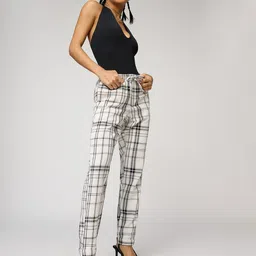 FREAKINS Women Checked Tapered Fit High-Rise Pure Cotton Trousers-picture-0