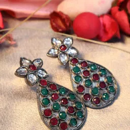 SIVA BY ANIKA Brass-Plated Artificial Stones Studded Floral Shaped Antique Drop Earrings-10