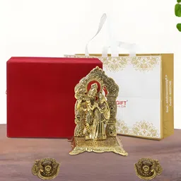 INTERNATIONAL GIFT Gold-Plated Radha Krishna Chowki with 2 Diya Religious Idol Showpiece-1
