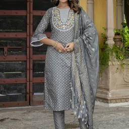 VredeVogel Polka Dot Printed Regular Thread Work Chanderi Silk Kurta & Trouser & Dupatta image 1