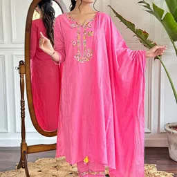 KALINI Floral Yoke Design Notch Neck Thread Work Straight Kurta With Trouser & Dupatta-picture-18