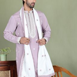 Jompers Floral Embroidered Mandarin Collar Sequins Silk Kurta With Dupatta-11