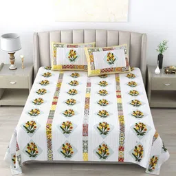 Wayne Martin White & Yellow Printed 300 TC Cotton King Bedsheet with 2 Pillow Covers-picture-27