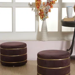 Shadowkart Set Of 2 Coffee Brown & Yellow Wooden Pouffes Sitting Ottomans-24