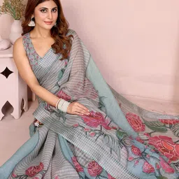 JYA Grey Floral Printed Celebrity Inspired Cotton Linen Saree-image-37