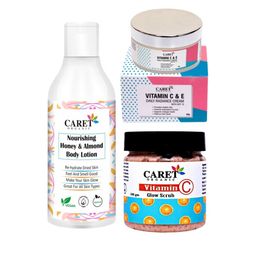 CARET ORGANIC Set of 3 Body Lotion- 250 ml, Vitamin C Scrub- 100 g & Daily Cream- 50 g-24