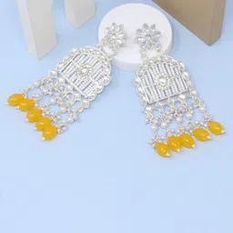 BELWICK Silver-Plated Kundan Studded Geometric Shaped Drop Earrings-5
