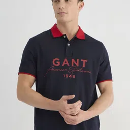 GANT Men Typography Printed Polo Collar Pure Cotton Applique T-shirt-image-35