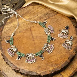 PANASH Silver-Plated Stone Studded & Beaded Jewellery Set-13