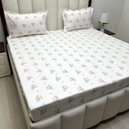 Pure Decor White & Peach-Coloured Floral Queen Bedsheet with 2 Pillow Covers-image-3