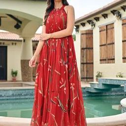 DressBerry Women Floral Printed Georgette A-Line Maxi Dress-picture-11
