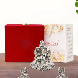 INTERNATIONAL GIFT Silver-Toned 5 Pcs Ganesh Idol Showpiece With Diya Religious Gift Set-45