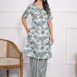 Meena Bazaar Floral Printed V Neck Thread Work Kurta With Trousers & Dupatta image 3