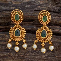 Kushal's Fashion Jewellery Gold-Plated Stone Studded Teardrop Shaped Antique Drop Earrings-image-84
