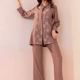 MISRI Embroidered Mandarin Collar Neck Top With Trousers Co-Ords-picture-41
