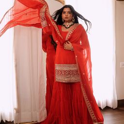 SHREE LAXMINARAYAN EXPORT Women Solid Embroidered Kurta with Sharara & Dupatta-image-91