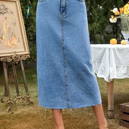 Outzidr Midi Straight Freyed Hem Denim Skirt-78