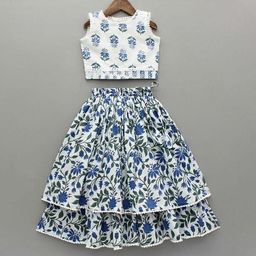 YK Girls Turquoise Blue Floral Printed Round Neck Pure Cotton Sleeveless Clothing Set-picture-31