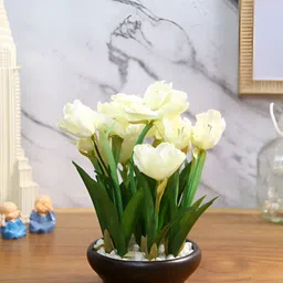 EarthCraft White & Green Tulip Non-Hanging Artificial Flower With Ceramic Pot-4