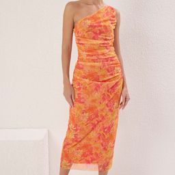 Trendyol Turuncu Women Floral Printed Ruched One Shoulder Sleeveless Sheath Midi Dress-image-68